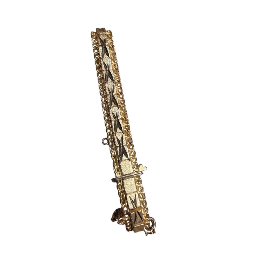 Vintage‎ Gold Tone Diamond Cut Link Bracelet Box Clasp Safety Chain Mid Century